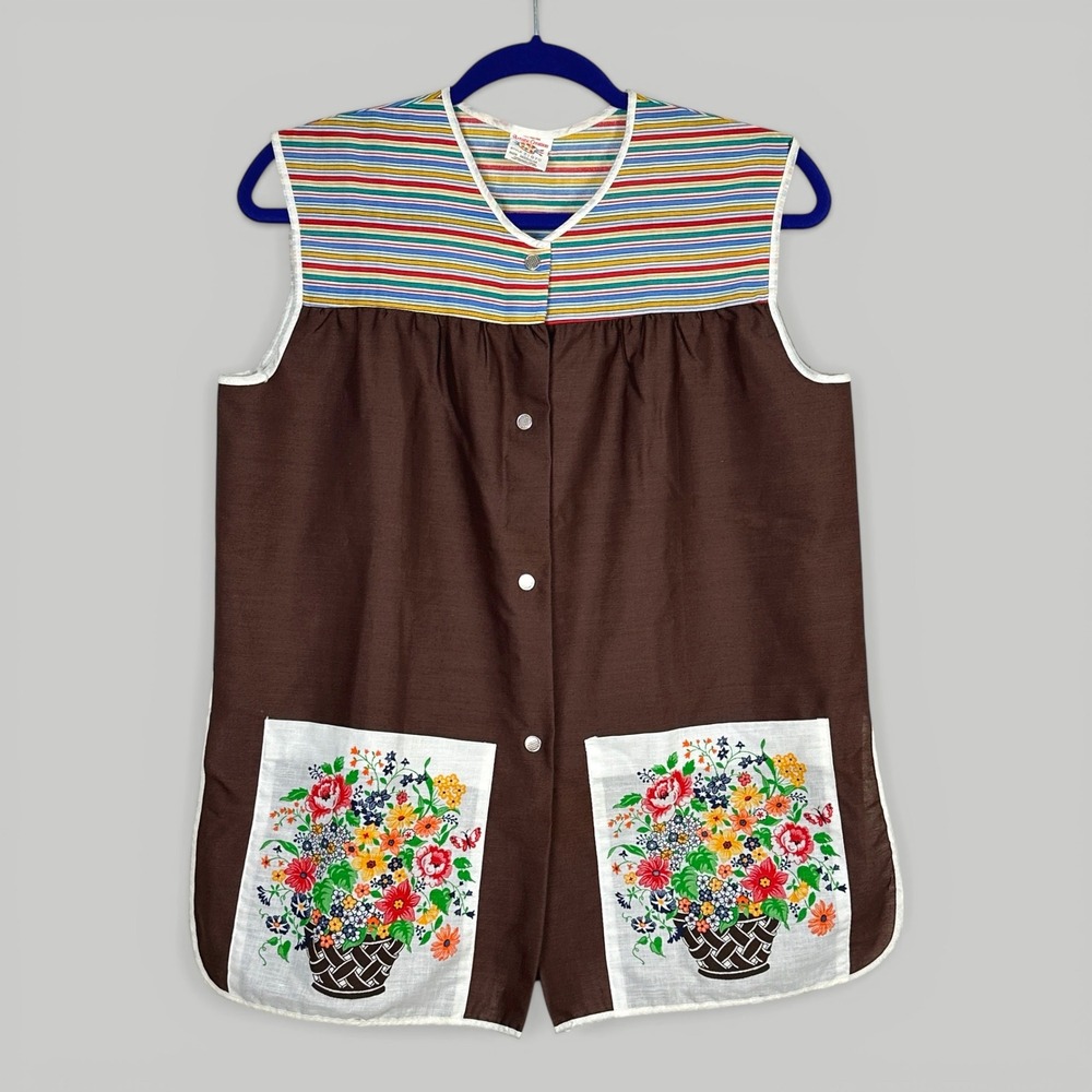 Vintage Artistic Creation Floral Smock Top Brown Striped Snap Front Medium 21070